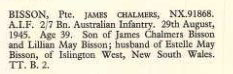 A notice of the WW2 death of James Chalmers Bisson, grandson of William