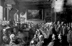 A painting by St Helier Lander of the Assize d'Heritage in session