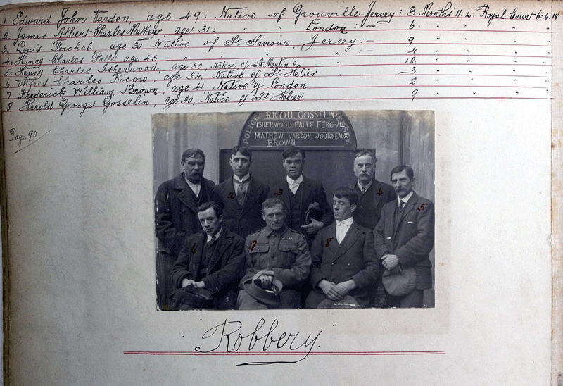 James Albert Charles Mathew (1887- ), second from left at back, was found guilty with Edward John Vardon (1869- ), Henry Charles Isherwood (1868- ), Louis Ferchal (1888- ), Henry Charles Falle (1873- ), Alfdred Charles Ricou (1884- ), Frederick William Brown (1877- ) and Harold George Gosselin (1888- ) of robbery and sentenced by the Royal Court in 1918 to six months in prison with hard labour