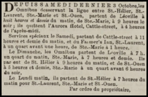1874 advert in Chronique de Jersey for omnibus services to the north-west of the island