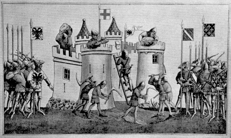 An artist's impression of Mont Orgueil under seige