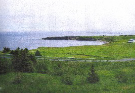 Pointe Saint-Pierre, Gaspé, now virtually uninhabited, and the beach that was once "thickly covered with the white [wooden] houses of the fishermen," now deserted. De Gruchy`s "large fishing establishment" adjoined the beach on the left of this sheltered, east-facing, bay. That of Malbaie lay on the opposite side of the headland, a little to the right of the picture. The Ile Platte can be seen in the distance. Courtesy of Lyndon Bechervaise of Gaspé