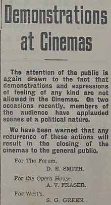This notice was published in the Evening Post during the early days of the Occupation, when audiences had started applauding any content of a film which could be seen to be of a patriotic British nature, much to the annoyance of the Germans, who threatened to close all cinemas if the practice did not cease