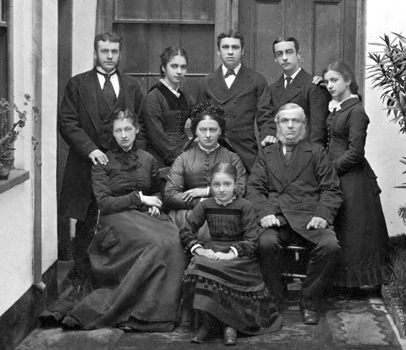 This photograph of Thomas Daniel snr and his family in 1877 was sent to Jerripedia in June 2019 by Richard Le Quesne, a descendant of Thomas Daniel's son Charles John. Back row, from left: Thomas Daniel jnr, Mary Ann, Charles John, Adolphus John and Louisa Margaret; Centre: Emma, Anne Sophie and Thomas Daniel snr; Front: Ann Sophia