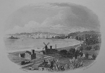 St Matthew's Church in the left foreground of a mid-19th century drawing by Philip Ouless