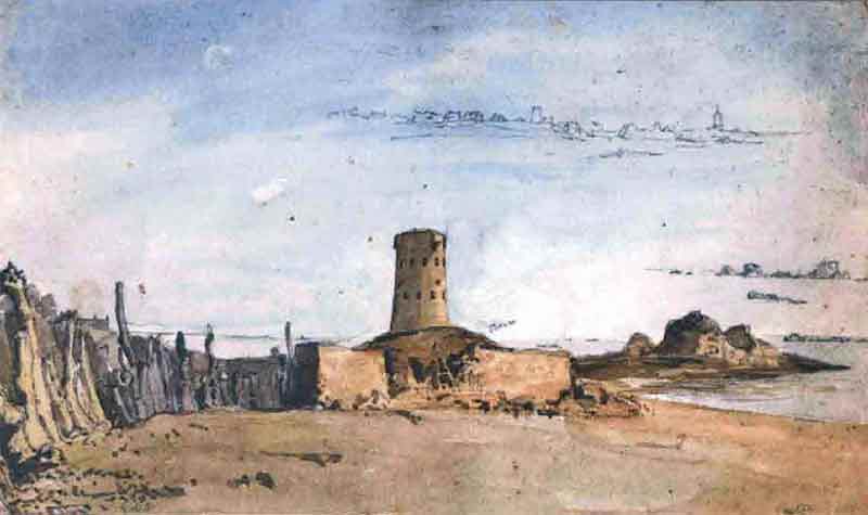 Le Hocq Tower painted by Le Capelain in 1840