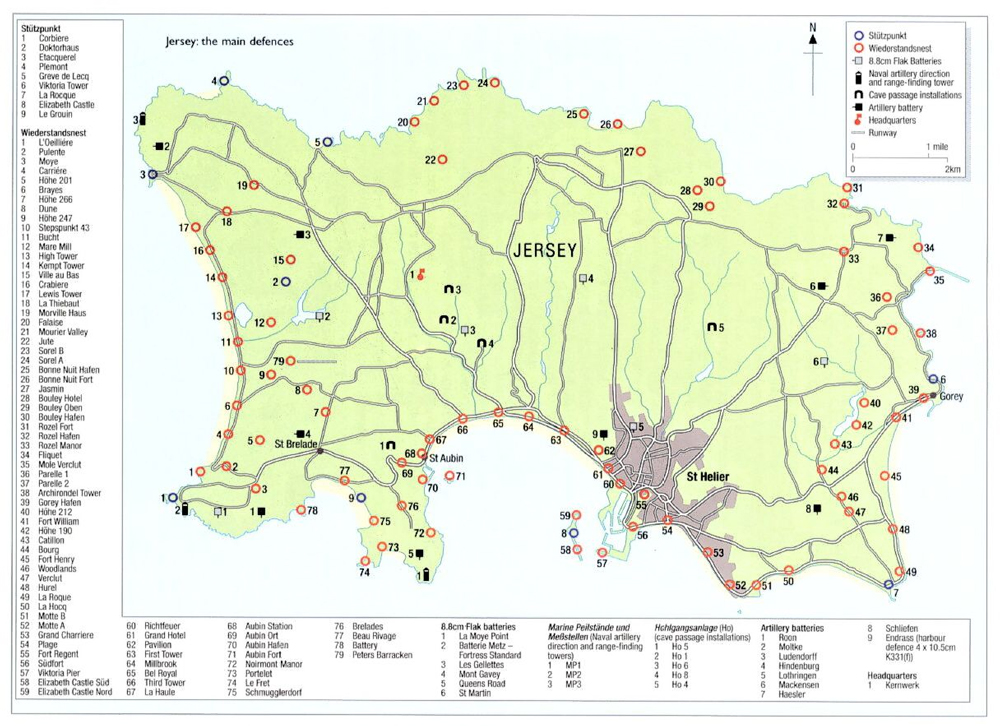 A map from the website bunkersite.com showing all the installations included in this page and most of the other major sites across Jersey