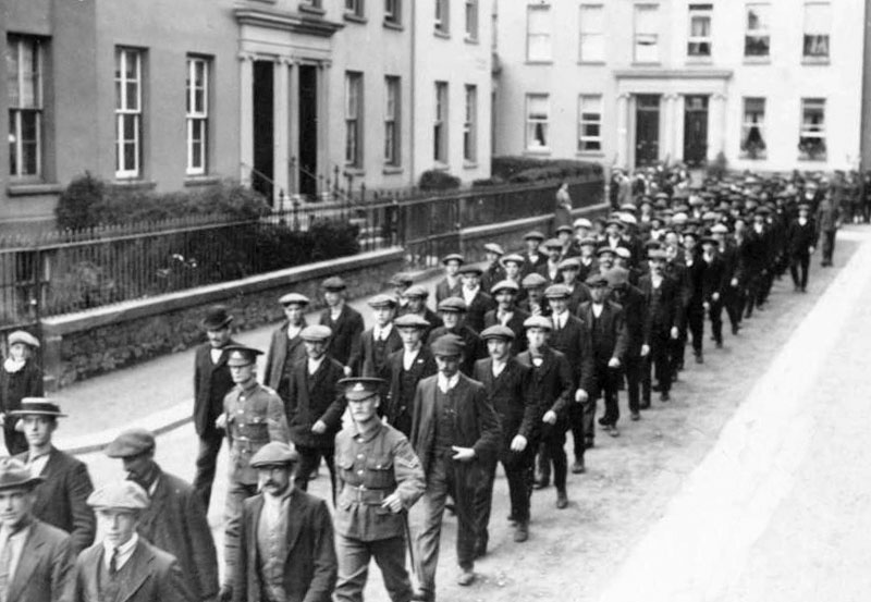 South Staffordshire Regiment volunteers march back along St Mark’s Road to their camp at Springfield after attending church service in St Mark’s Church.