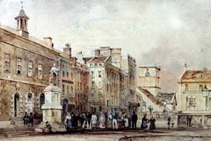 The Royal Square in the early-19th Century, with the Courthouse on the left, the statue of George II, the Corn Market on the right, and the Town Church in the background. The buildings in the centre adjoining the Courthouse had yet to be demolished to make way for the library building