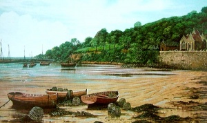 Boats on the shore in front of the church