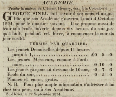 The school taught English and French, writing, arithmetic, and navigation, at the prices shown, and also offered evening classes