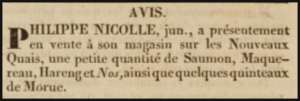 In 1833 Philippe Nicolle was selling fish on the New Quays, as advertised in L'Impartial