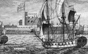 A 1738 drawing by Clement Lempriere showing a vessel off Elizabeth Castle