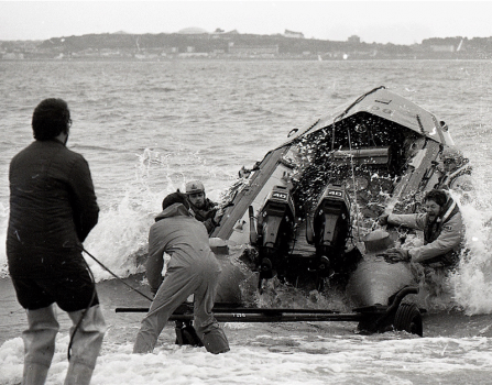 Launching the RNLI St Catherine inshore lifeboat in January 1983