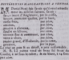 David Noel adveretised soap, butter, grapes and other items in Gazette de l'Ile de Jersey in 1799