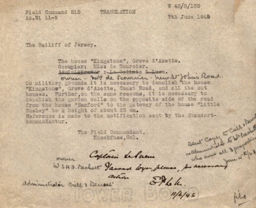 1943 order by Feldkommandant Col Knackfuss for the demolition of Kingston at Greve d'Azette, owned by Mrs de Bourcier and occupied by her daughter