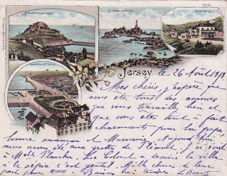 A postcard sent to France in 1898. It was postmarked in Jersey on 26 August, travelled by boat to Granville, Normandy, where it was again stamped the following day