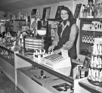 Josephine Smith on a cosmetics counter in 1976 - Jersey Evening Post photograph