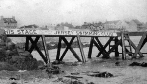 The old 'black diving stage' opposite the pool in front of the Fort d'Auvergne Hotel. It was removed after storm damage in the early 1960s