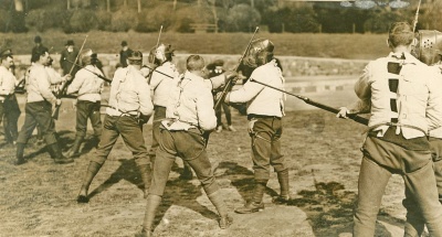 South Staffordshire Regiment in Jersey: recruits carrying out bayonet drill on People's Park.