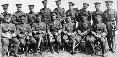 The officers of 3rd (Town) Battalion Jersey Militia pose for a photograph in August 1914, soon after mobilisation for the defence of Jersey. The battalion’s commanding officer, Colonel G.M.McKenzie, is sitting in the centre of the bottom row – he resigned from the Militia in December 1914 to join the regular army.