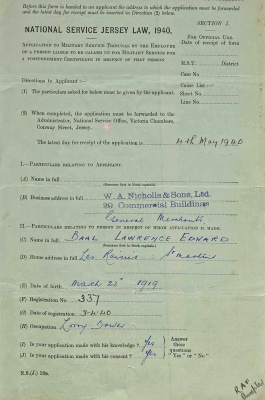 Application to defer Lawrence Edward Baal's Great War call-up