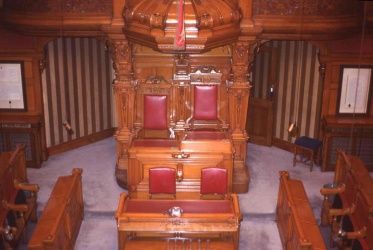 Bailiff's seat on the right, with the Lieut-Governor's lower seat next to it