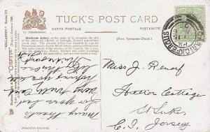 A postcard sent to Miss J Renouf at Hatton Cottage, St Luke, from Carrickfergus in 1906