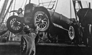 One of Wilfred Picot's cars being loaded at the Harbour