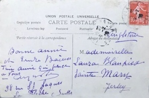 A card sent from France to Laura Blampied in St Mary in 1908. This was probably the 25-year-old daughter of William and Anna