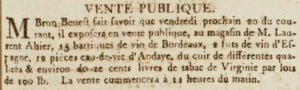 Brun Benest had 15 barrels of Bordeaux wine and other items for sale at Laurent Ahier’s shop in April 1804