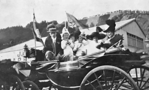 A family carriage outing at West Park in front of the Tin Shack, predecessor of West Park Pavilion