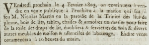 The furniture of the late Nicolas Martin’s Trinity house went on sale in February 1803