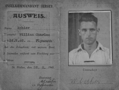 A fishing permit issued to William Charles Ahier during the German Occupation. Born in Plymouth in 1906 [5] he was a motor mechanic living at Greystones, Clubley Estate, St Helier in 1941, married to Victoria May Tramp (1899-1949) at St Helier Registry Office in 1934