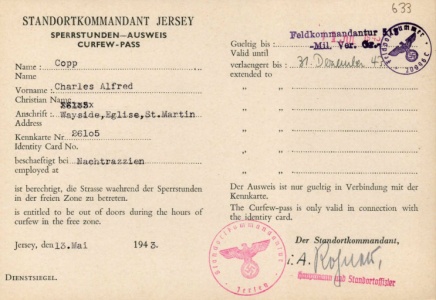 A curfew pass issued to Charles Alfred Copp during the Occupation as a member of the Honorary Police