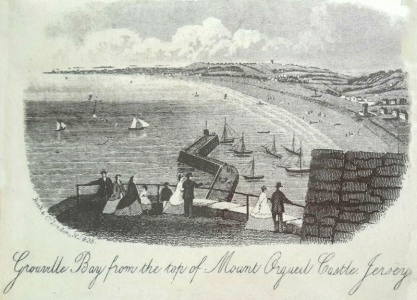 19th century etching showing the bay viewed from Mont Orgueil