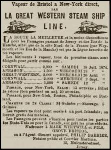 Voyages to New York advertised in Chronique de Jersey in 1874