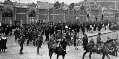 Men of the South Stafford Regiment leave the Island in June 1915. Part of the unit’s role in Jersey was training soldiers for the regiments active service battalions in France, Belgium and elsewhere.