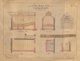 Drawing of proposed new class room for St Luke’s Parochial Schools, including cross sections, plans and elevations by Edmund Berteau, Architect, 30 May 1885.