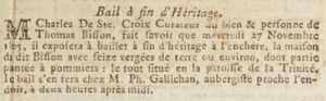Charles de Ste Croix, administrator of Thomas Bisson, announced in 1805 the sale of his Trinity house and land