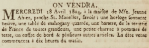 In April 1804 Miss Jeanne Ahier, living close to St Manelier, auctioned a chiming clock and other items