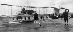 The first aircraft lands