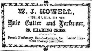 1873 advert. W J Howell seems to have learnt his trade with French hairdresser Felix Audoin, who was in business at this time in Queen Street