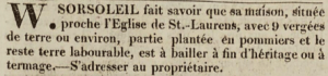 W Sorsoleil advertised his house, near St Lawrence Church, for sale in the Chronique de Jersey in 1824