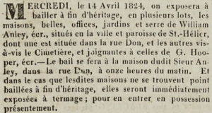1824 Chronique de Jersey advert for the sale by auction of William Anley's town houses
