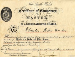 Master's Certificate of Charles John Carter, born in St Helier in 1876. He joined the Royal Navy in 1893 and 20 years later, after emigrating to Sydney, he joined the Royal Australian Navy. He married Jessie Convin at Marrickville, NSW, in 1913 and they had three daughters, Mary Ellen, Emily May and Iris Lillian