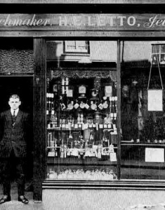 Henry Letto outside his watchmakers and jewellers at 4 York Street in 1917. The business moved a few doors along to 18 Charing Cross in 1930. It was founded by Henry Letto in 1913 and carried on by his son, and then his grandson Colin, whose death in 2020 brought to an end over a century of family management