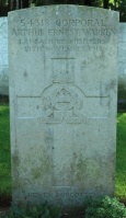 The grave of Great War casualty Arthur Ernest Warren at Etaples Military Cemetery, Pas de Calais