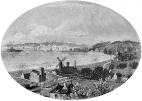 St Aubin's Bay by Ouless. St Matthew's Church, the coastal tower, now demolished, and windmill, stand isolated in the centre of the bay