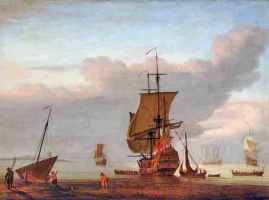 Shore Scene with figures, Man o' war and rowing boat, 1700; Peter Monamy